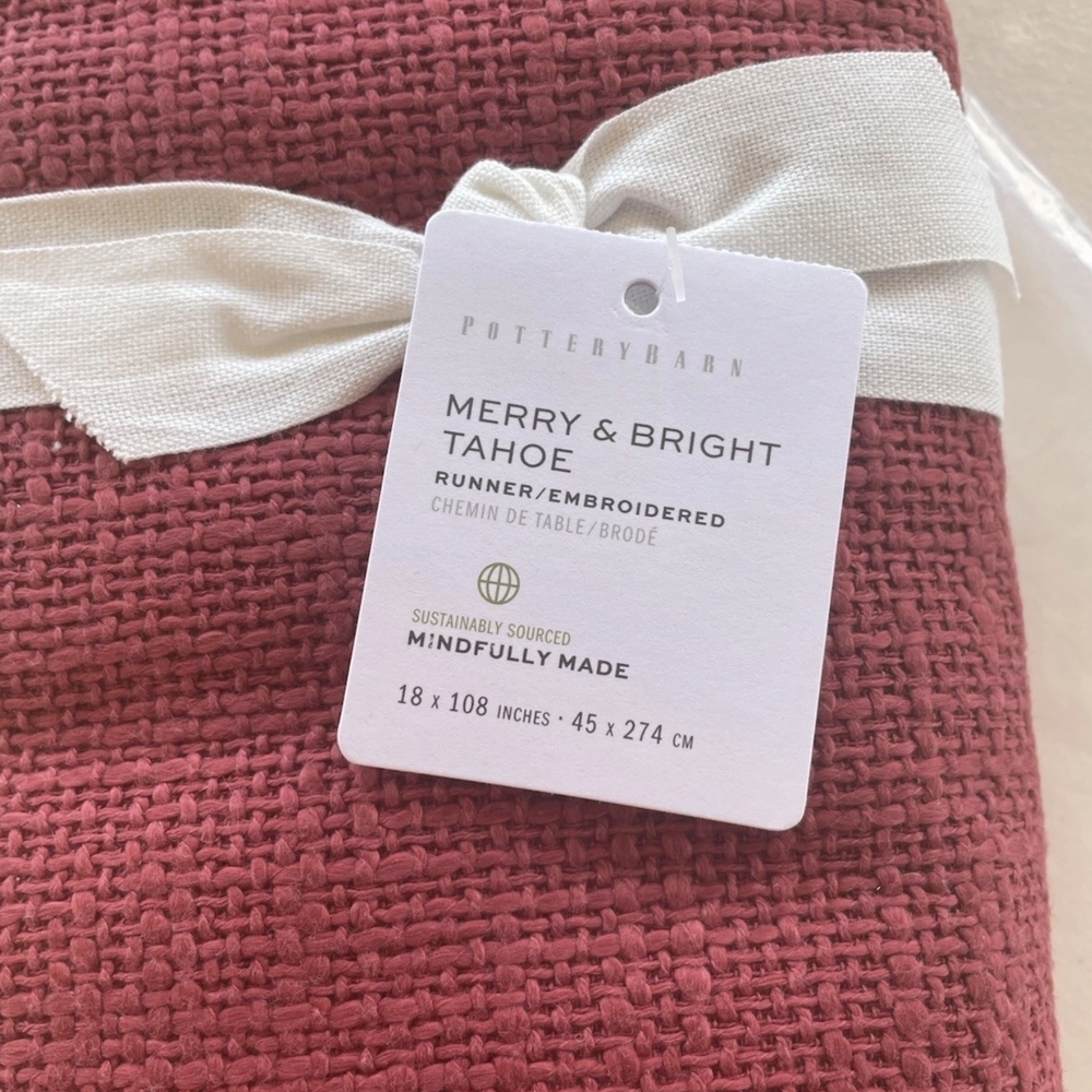 NWT Pottery Barn Merry & Bright Tahoe Table Runner 18x108 Red Embroidered